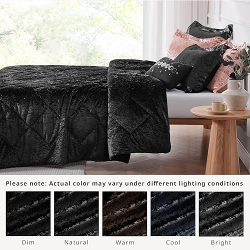 Intelligent Design Queen Comforter Set, Velvet Comforter Set , Luxury Diamond Quilting Comforter Set, Fluffy Comforter Bed Set with Decorative Pillowand 2 Shams, 4 Piece Black, Full/Queen