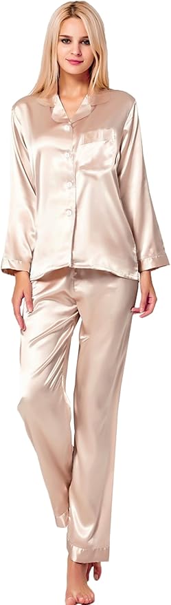 SWOMOG Long Sleeve Pajamas Set Silk Satin Sleepwear Button Down Pjs Loungewear with Pocket