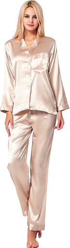 SWOMOG Long Sleeve Pajamas Set Silk Satin Sleepwear Button Down Pjs Loungewear with Pocket
