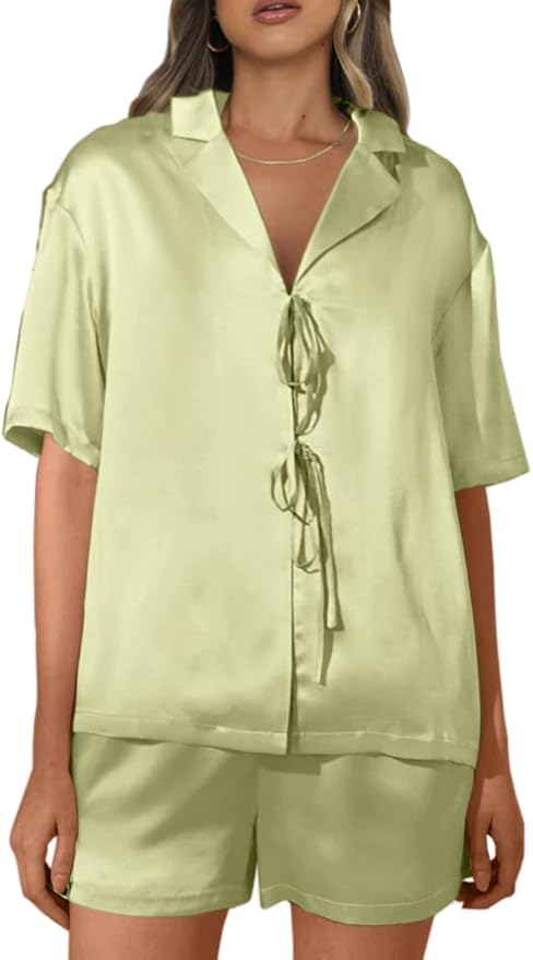 CHYRII Women's Silk Satin Pajamas Sets Tie Front Short Sleeve Tops and Shorts Two Piece Pj Sets Sleepwear
