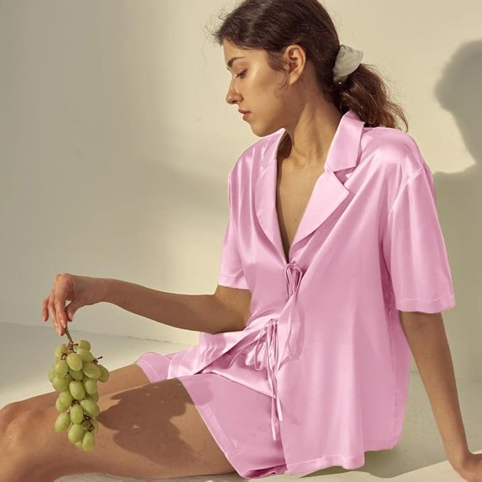 CHYRII Women's Silk Satin Pajamas Sets Tie Front Short Sleeve Tops and Shorts Two Piece Pj Sets Sleepwear