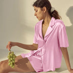 CHYRII Women's Silk Satin Pajamas Sets Tie Front Short Sleeve Tops and Shorts Two Piece Pj Sets Sleepwear