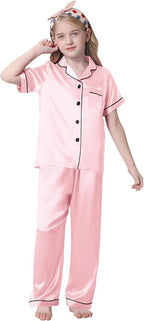 Umeyda Girls Womens Pajamas Set, Satin Silky Button Down Loungewear 2 Piece Short Sleeve Pants PJS Sets for Mommy Kids