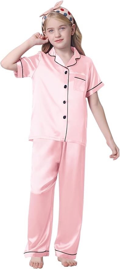 Umeyda Girls Womens Pajamas Set, Satin Silky Button Down Loungewear 2 Piece Short Sleeve Pants PJS Sets for Mommy Kids