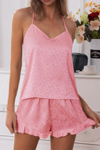 CHYRII Women's Sexy Silk Satin Ruffled Pajamas Sets Cami Shorts Sets Sleepwear