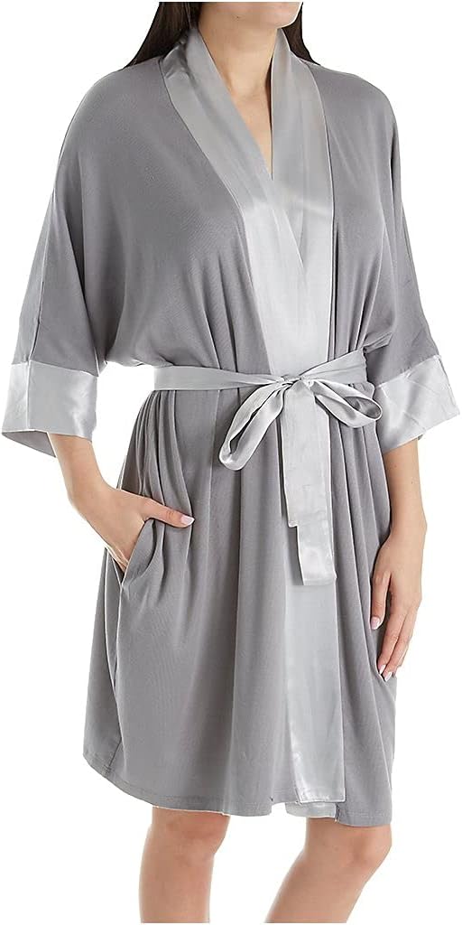 PJ Harlow Womens Shala-rib Knit Camono Robe With Satin Belt and Trim