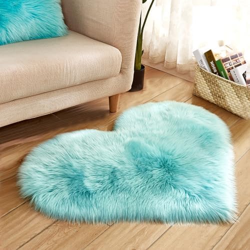 Faux Fur Sheepskin Heart Shaped Area Rugs, 16"x20" Luxurious Wool Love Floor Carpets Bathroom Non-Slip Mat for Home Decor Nursery Living Room Bedroom Pet Kids and Baby Room (Light Blue)