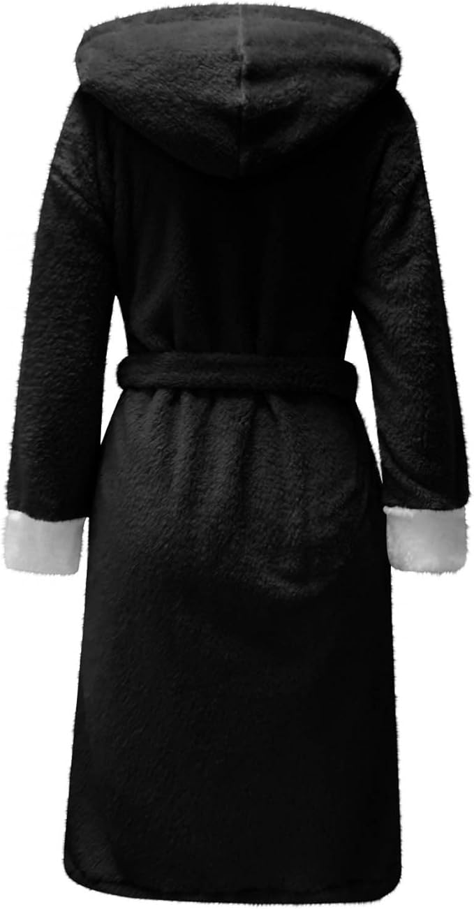 Fuzzy Plush Bathrobe Women Fashion Hooded Thicken Fleece Lined Warm Comfy Long Robe Flannel Loungewear