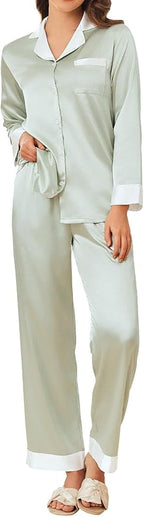 Ekouaer Silk Pajamas for Women Long Sleeve Satin Pajama Set Silky Pj Sets 2 Piece Button Down Loungewear Sleepwear