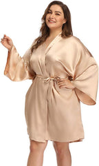 Women's Plus Size Short Satin Kimono Robes Sleepwear Bathrobes Silky Dressing Gown