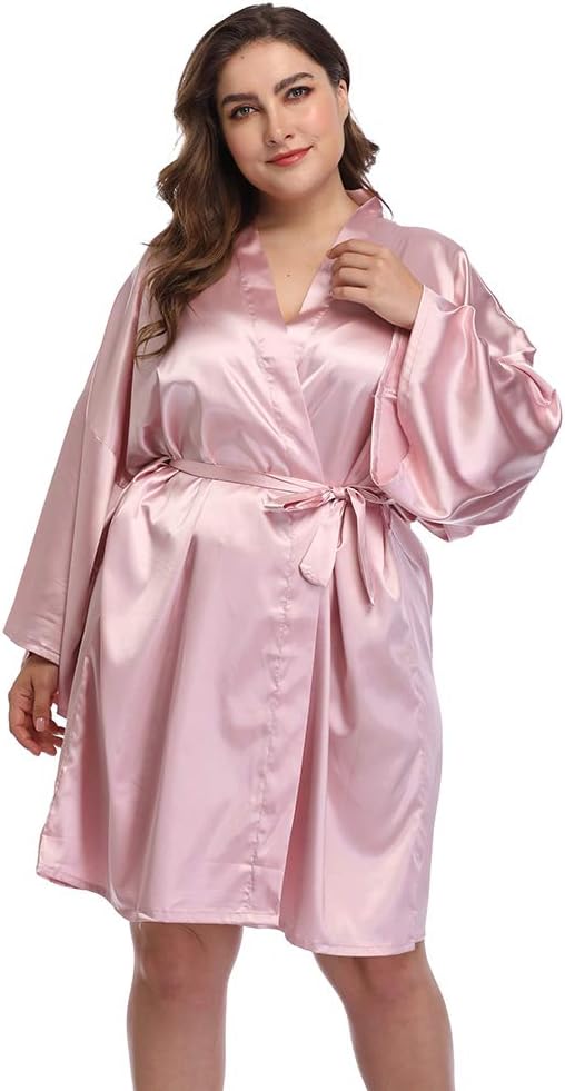 Women's Plus Size Short Satin Kimono Robes Sleepwear Bathrobes Silky Dressing Gown