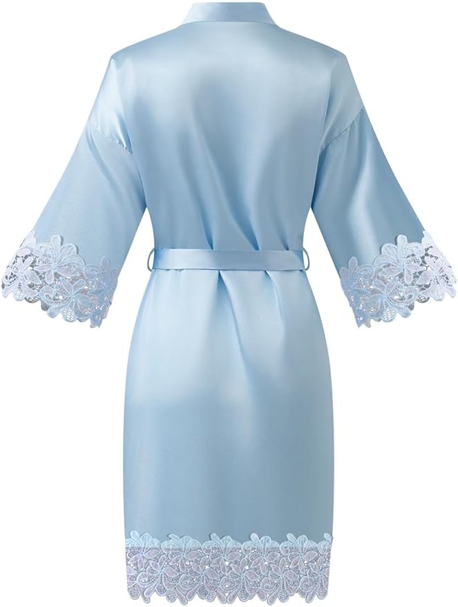 Womens Short Satin Robe Lace Trim Silk Kimono Sleepwear Bridesmaid Robes for Bride Wedding Party Nightgown