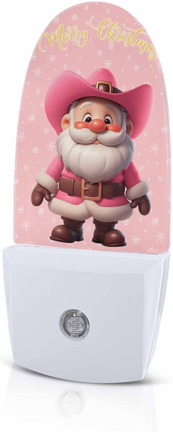 Night Light Plug into Wall, Winter Xmas Peach Western Cowboy Santa Claus Snowflake Texture Vintage Popsicle Shape Night Light LED Nightlight with Light Sensors for Kids Bedroom Hallway