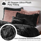Intelligent Design Queen Comforter Set, Velvet Comforter Set , Luxury Diamond Quilting Comforter Set, Fluffy Comforter Bed Set with Decorative Pillowand 2 Shams, 4 Piece Black, Full/Queen