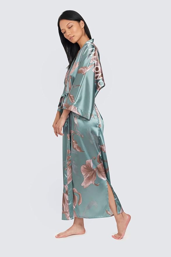 KIM+ONO Plus Size Luxury Kimono Robe for Women | Long Satin Floral Robe | Original Design | Removable Waist Tie Closure