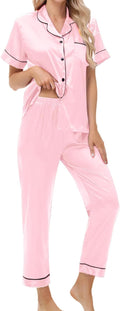Women's Satin Pajama Set Short Sleeve Silk Top and Pants Set Classic Button Down 2-Piece Sleepwear Loungewear