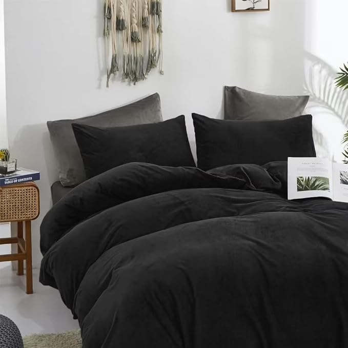 CLOTHKNOW Black California King Comforter Set Velvet Bedding Comforter Sets Soft Flannel Comforters Black Comforter with 2 x Pillow Cases