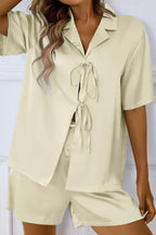 CHYRII Women's Silk Satin Pajamas Sets Tie Front Short Sleeve Tops and Shorts Two Piece Pj Sets Sleepwear