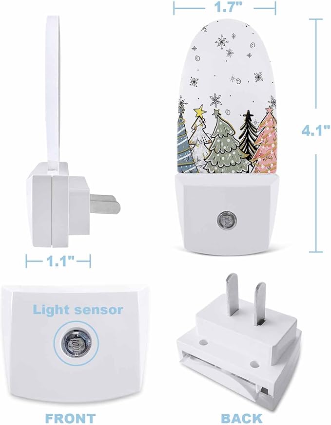 Night Light Plug into Wall, Christmas Day Winter Pine Trees Snowflakes Blue Sage Green Black Peach White Popsicle Shape Night Light LED Nightlight with Light Sensors for Kids Bedroom Hallway