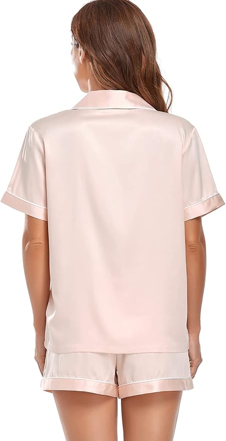 Serenedelicacy Women's Satin Pajama Set 2-Piece Sleepwear Loungewear Button Down Short Sleeve Silky PJ Set