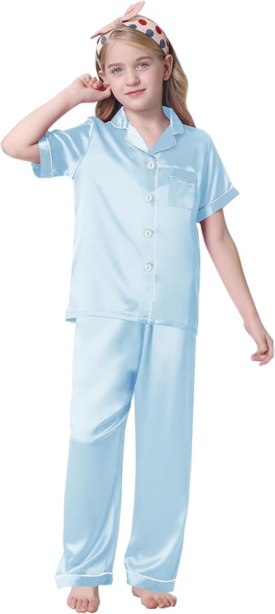 Umeyda Girls Womens Pajamas Set, Satin Silky Button Down Loungewear 2 Piece Short Sleeve Pants PJS Sets for Mommy Kids
