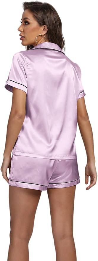 LYANER Women's Silky Satin Pajamas Set Short Sleeve Button Down Shirt With Shorts Pjs Set Sleepwear