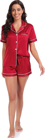 Serenedelicacy Women's Satin Pajama Set 2-Piece Sleepwear Loungewear Button Down Short Sleeve Silky PJ Set