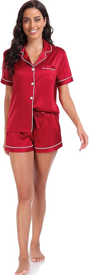 Serenedelicacy Women's Satin Pajama Set 2-Piece Sleepwear Loungewear Button Down Short Sleeve Silky PJ Set