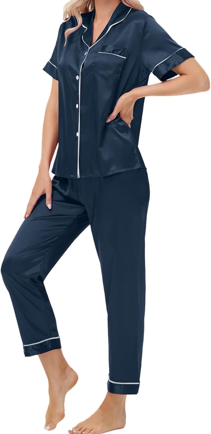 Women's Satin Pajama Set Short Sleeve Silk Top and Pants Set Classic Button Down 2-Piece Sleepwear Loungewear