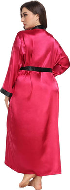 Womens Plus Size Silky Satin Kimono Robe Floral Long Bathrobe Wedding Sleepwear Dressing Gown