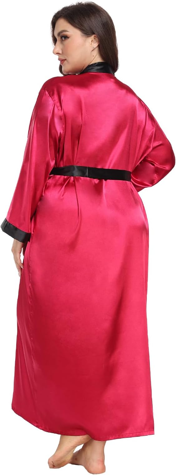 Womens Plus Size Silky Satin Kimono Robe Floral Long Bathrobe Wedding Sleepwear Dressing Gown