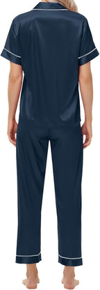 Women's Satin Pajama Set Short Sleeve Silk Top and Pants Set Classic Button Down 2-Piece Sleepwear Loungewear