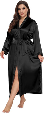 Womens Plus Size Silky Satin Kimono Robe Floral Long Bathrobe Wedding Sleepwear Dressing Gown