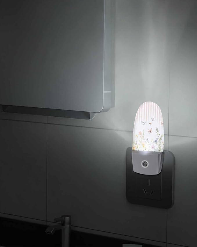 Night Light Plug into Wall, Spring Summer Flowers Floral Leaves Striped Lines Orange Green Peach White Popsicle Shape Night Light LED Nightlight with Light Sensors for Kids Bedroom Hallway