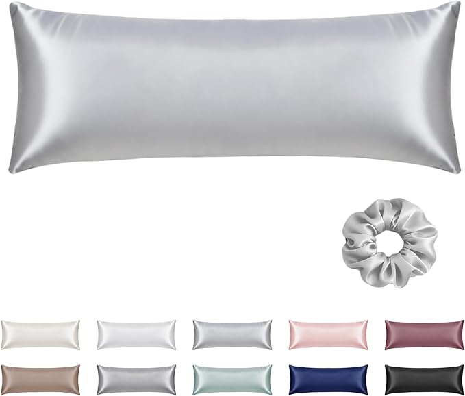 Vielit Satin Body Pillow Pillowcase 1pc,Silky Body Pillow Cover Similar to Silk Pillow Cases Soft Body Pillow Case 20x54 & Envelope Closure,Gift for Women Men Silver Grey & 1 Satin Scunchie
