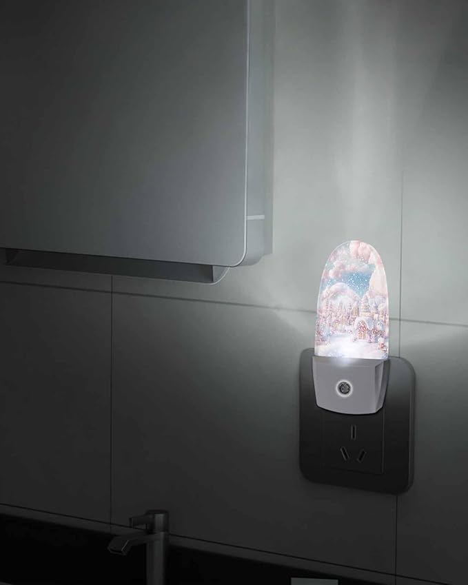 Christmas Peach Candy Town Cloud Night Light Plug into Wall, Winter Snow Scenery Cartoon Sky Blue Popsicle Shape Night Light LED Nightlight with Light Sensors for Kids Bedroom Hallway