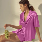 CHYRII Women's Silk Satin Pajamas Sets Tie Front Short Sleeve Tops and Shorts Two Piece Pj Sets Sleepwear