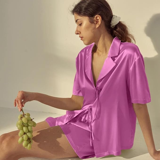 CHYRII Women's Silk Satin Pajamas Sets Tie Front Short Sleeve Tops and Shorts Two Piece Pj Sets Sleepwear