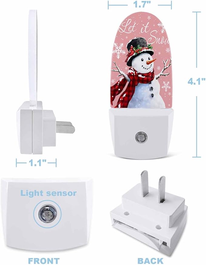 Christmas Snowman Red Plaid Scarf Night Light Plug into Wall, Winter Snowflake Quotes Peach Popsicle Shape Night Light LED Nightlight with Light Sensors for Kids Bedroom Hallway