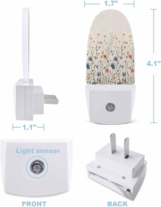 Night Light Plug into Wall, Spring Summer Purple Peach Orange Floral Flowers Leaves Country Beige Popsicle Shape Night Light LED Nightlight with Light Sensors for Kids Bedroom Hallway
