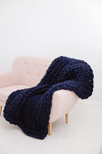 Throw Blanket Full Size 54"x75" for Bed - Chunky Knit Blanket, Boho Throw Blanket for Couch 100% Merino Wool (Navy Blue, 54"x75")
