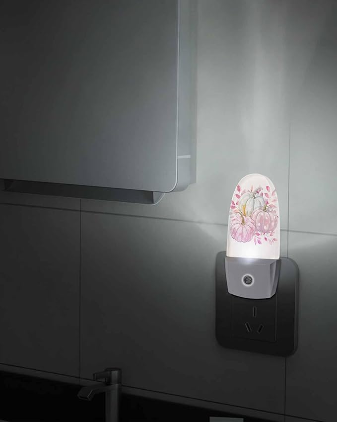 Night Light Plug into Wall, Fall Thanksgiving Day Peach Gray Pumpkins Botanical Leaves Hand Painted Beige Popsicle Shape Night Light LED Nightlight with Light Sensors for Kids Bedroom Hallway