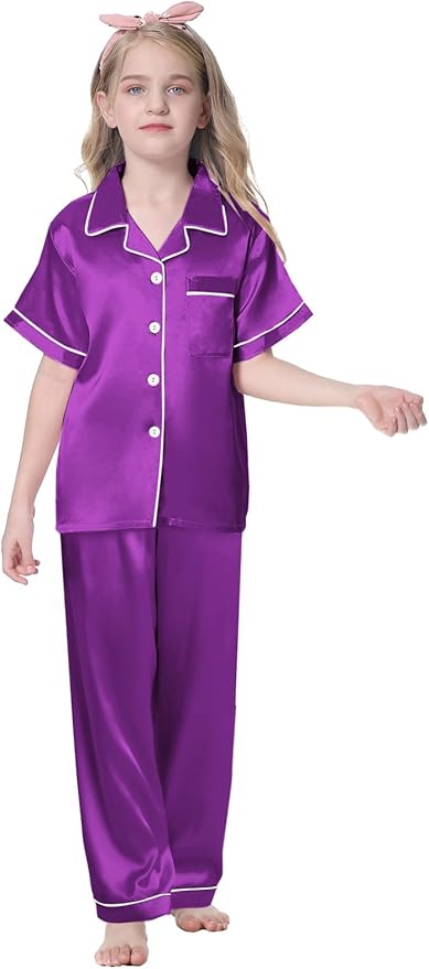Umeyda Girls Womens Pajamas Set, Satin Silky Button Down Loungewear 2 Piece Short Sleeve Pants PJS Sets for Mommy Kids