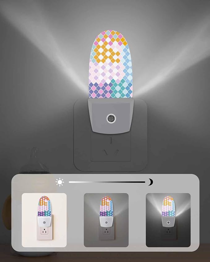 Night Light Plug into Wall, Moroccan Vintage Texture Simple Art Orange Light Blue Peach Purple Green White Popsicle Shape Night Light LED Nightlight with Light Sensors for Kids Bedroom Hallway