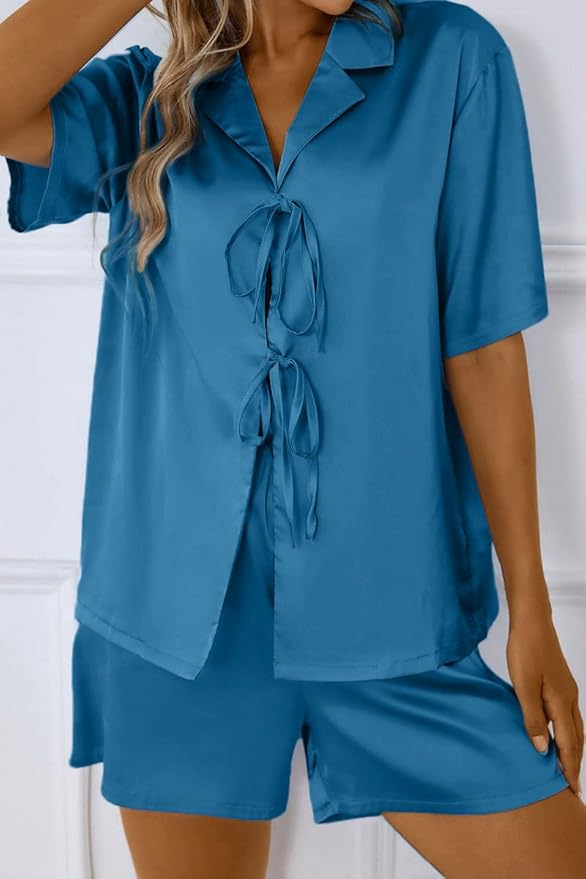 CHYRII Women's Silk Satin Pajamas Sets Tie Front Short Sleeve Tops and Shorts Two Piece Pj Sets Sleepwear