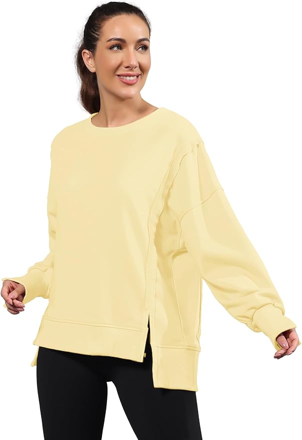 Nirovien Womens Oversized Crewneck Sweatshirt Side Slit Long Sleeve Pullover Slouchy Fit Tops