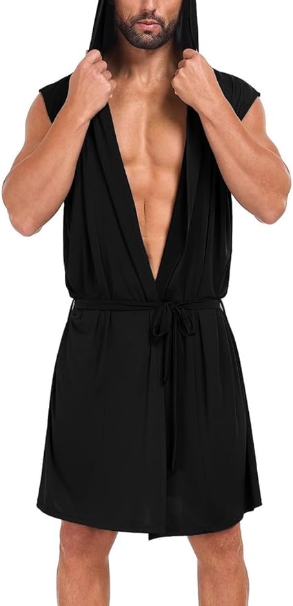 VintageClothing Men's Summer Robe with Hooded Lightweight Bathrobe House Kimono Sleeveless Sexy Sleepwear Pajamas