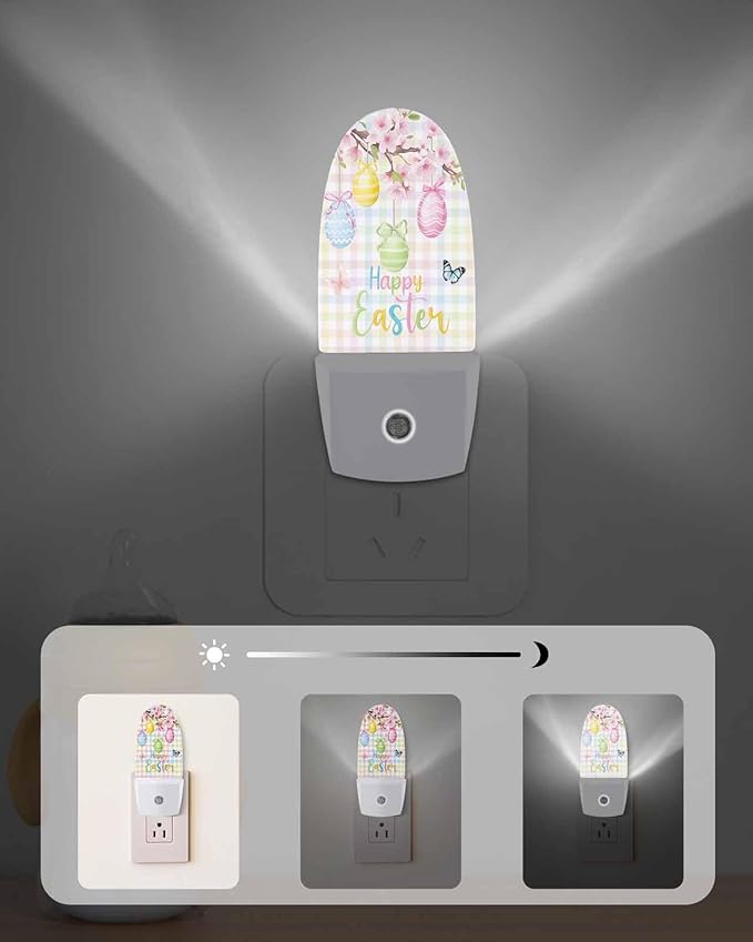 Happy Easter Eggs Blossom Peach Night Light Plug into Wall, Butterfly on Colorful Checker Popsicle Shape Night Light Nightlight with Light Sensors for Kids Bedroom Hallway