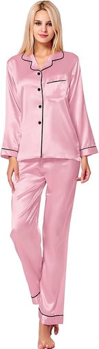 SWOMOG Womens Silk Satin Pajamas Set Long Sleeve Button Down Sleepwear 2 Piece Lounge Set Pj Set XS-3XL