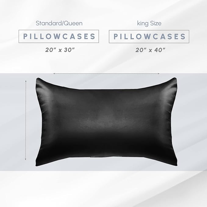 Elegant Comfort 4-Pack Cooling Viscose Satin Pillowcase Set with Hidden Zipper Closure, Silky Smooth for Best Hair and Skin Care-Beautiful Gift Box-4-Piece Satin Pillowcase Set, King, Black